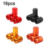 Set of 16 aluminum alloy tire valve caps in various colors and finishes.