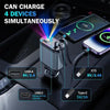 A portable car charger device is shown charging four devices simultaneously with USB-A, USB-C, and Type-C ports.