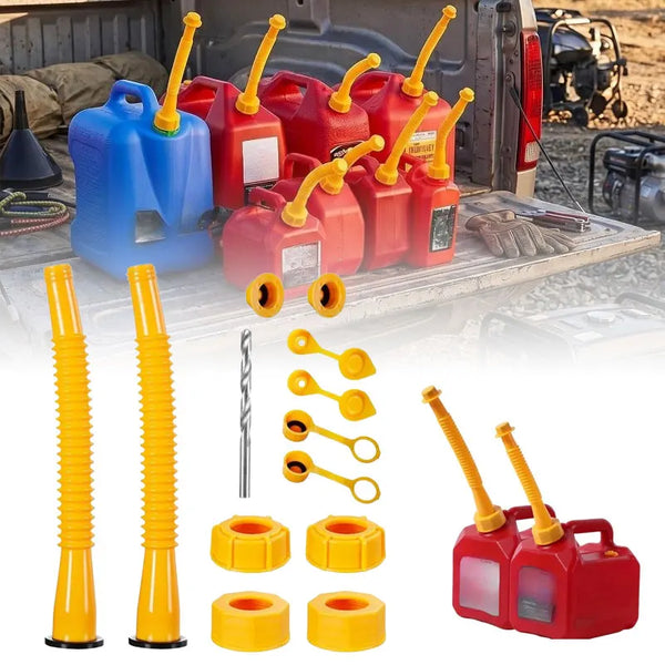 A set of universal fuel transfer spouts and vent caps in yellow and red plastic for automotive use.