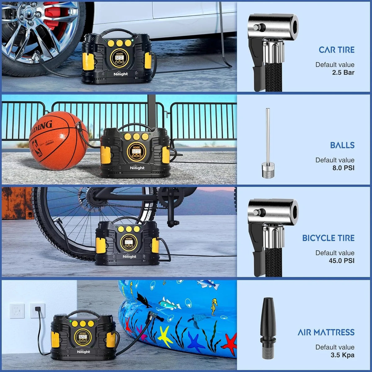 A collection of portable air compressors used for inflating car tires, bicycle tires, and air mattresses.
