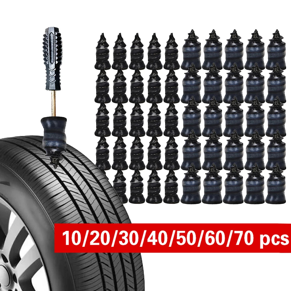 A set of universal tubeless tire repair nails and screwdrivers in various sizes for tire fixing.