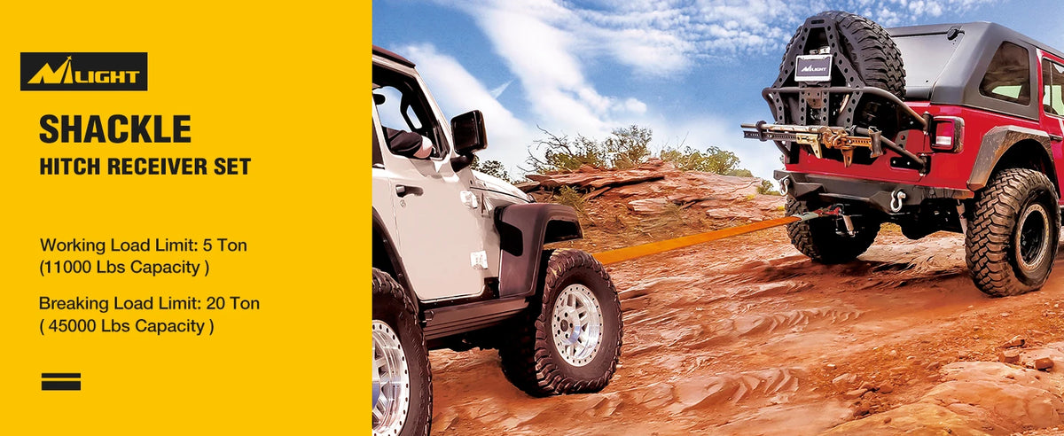 Roter Jeep zieht ein Fahrzeug und demonstriert ein Schwerlast-Schackle-Anhänger-Set für den Offroad-Retter.