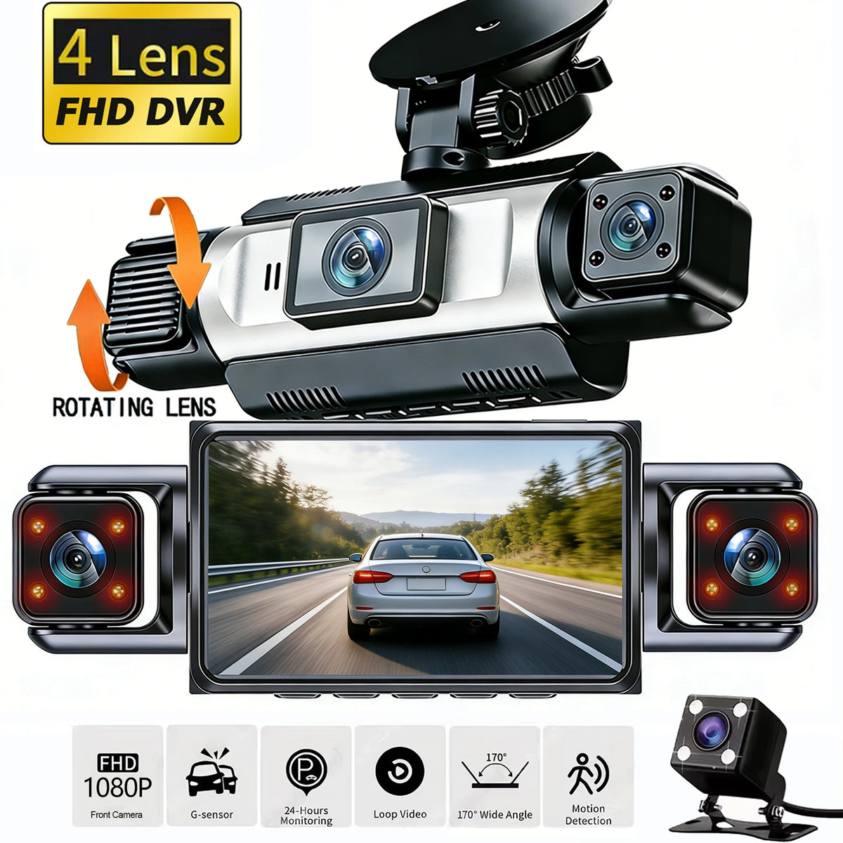 A 4-lens FHD DVR dash camera with rotating lens, showing a car on a road and various features.