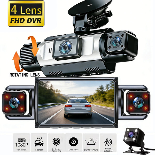 A 4-lens FHD DVR dash camera with rotating lens, showing a car on a road and various features.