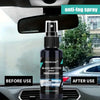 A bottle of anti-fog spray is shown in a car interior, ready to be used on the windshield.