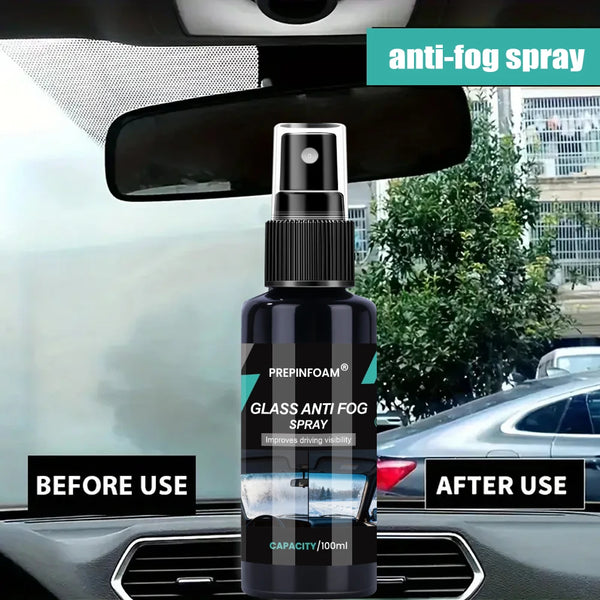 A bottle of anti-fog spray is shown in a car interior, ready to be used on the windshield.