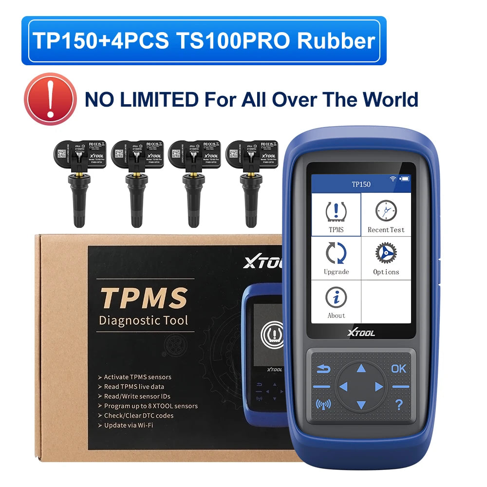 A blue XTOOL TP150 device and four rubber sensors are shown with diagnostic tool components.