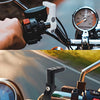 Close-up of dual motorcycle signal light mount brackets attached to a bike handlebar.