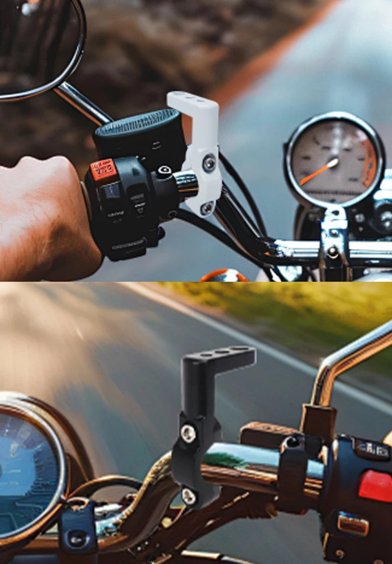 Close-up of dual motorcycle signal light mount brackets attached to a bike handlebar.