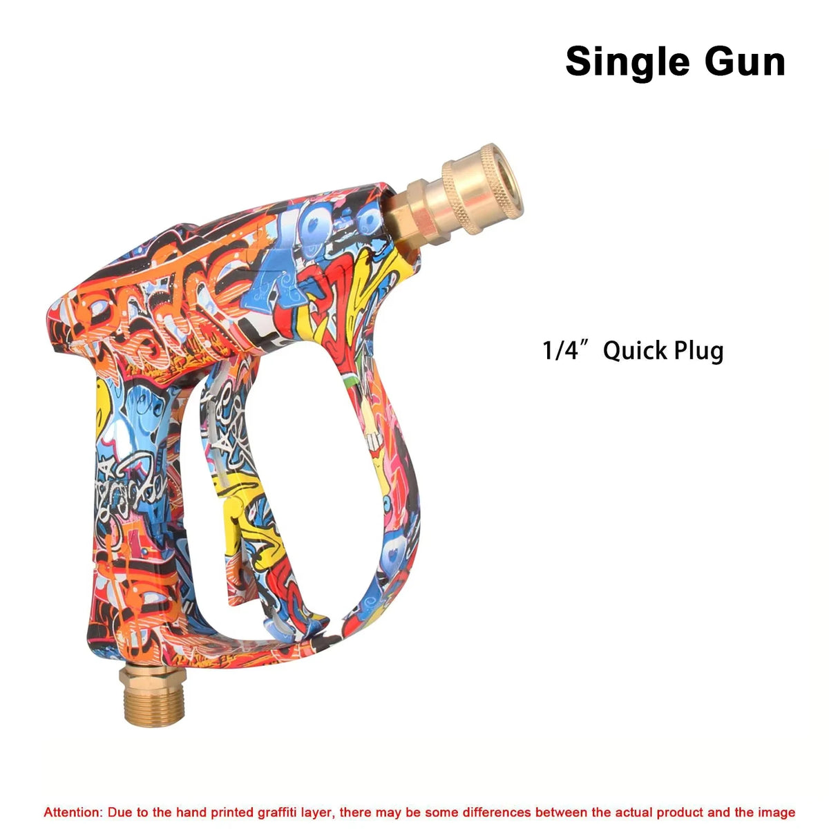 A single gun with a hand-painted graffiti design and a 1/4 quick plug for high-pressure water cleaning.