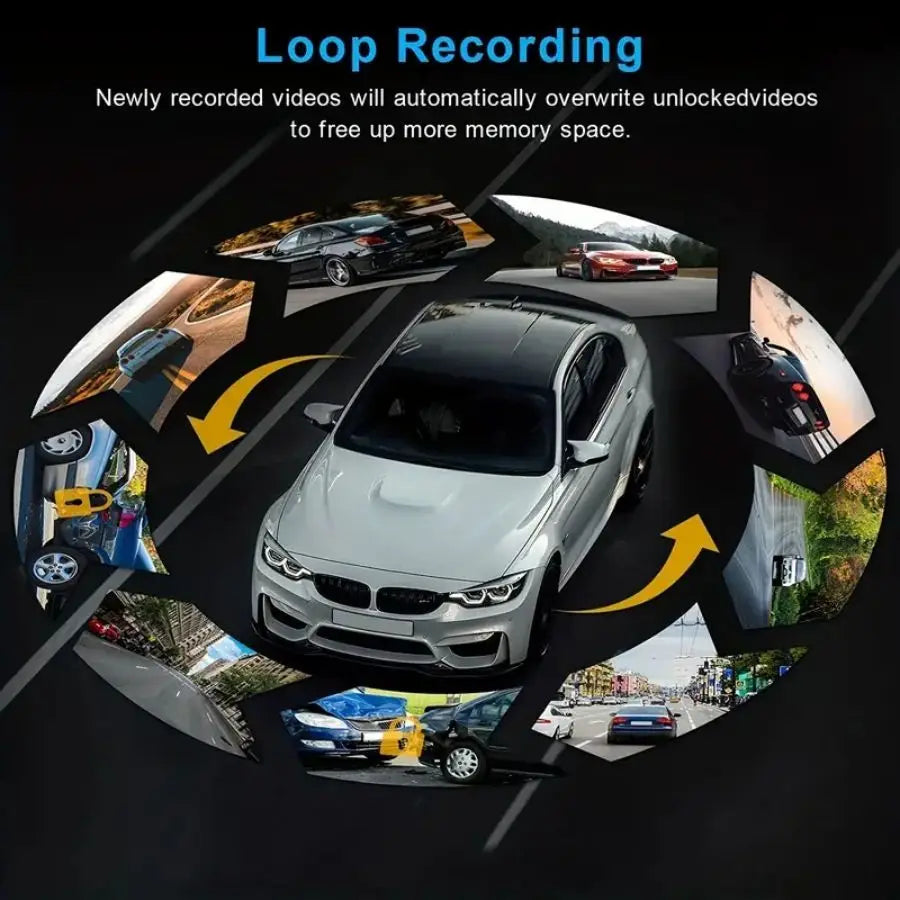 A white car is shown in a loop recording video context, illustrating how new recordings overwrite old ones to save memory spa