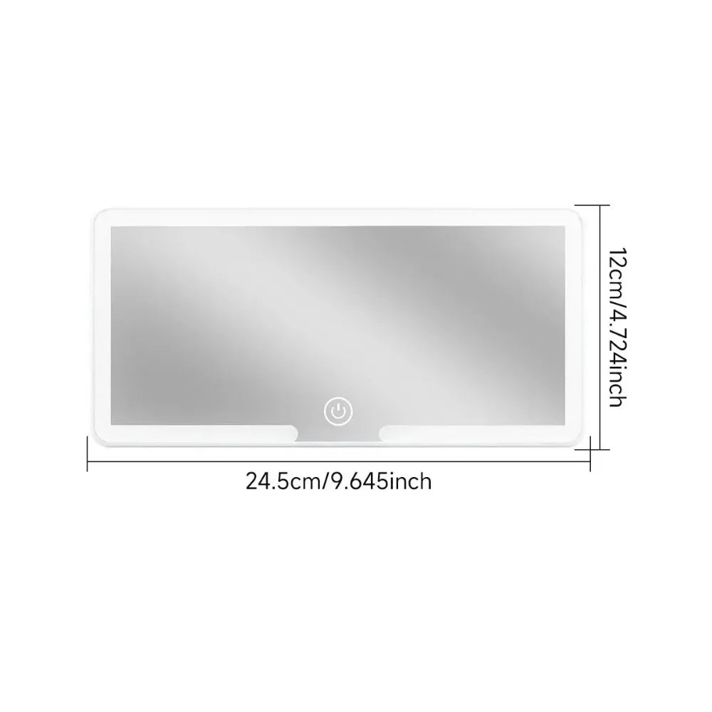 A rectangular vanity mirror with a silver reflective surface and a power switch, measuring 12cm by 24.5cm.