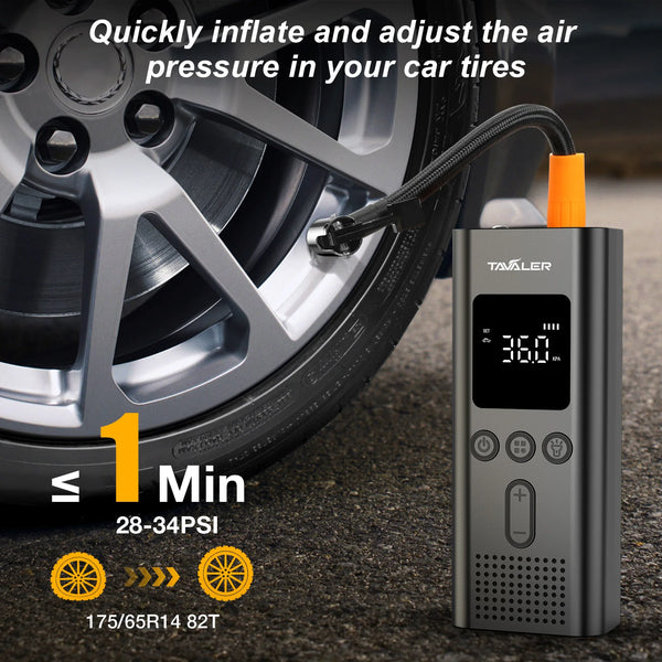 A portable digital tire inflator is shown inflating a car tire, with specifications for 175/65R14 82T visible.