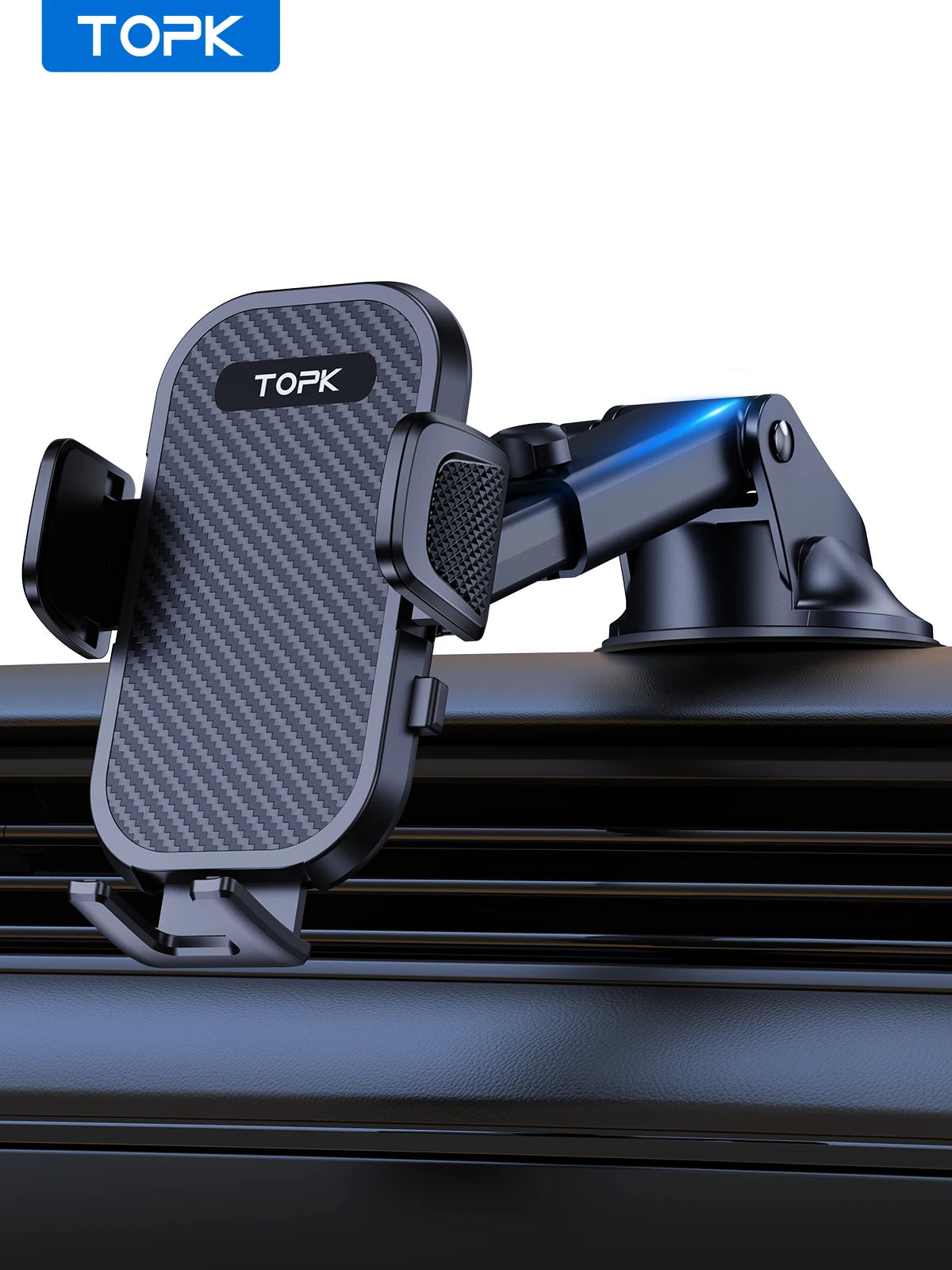 A black TOPK 360° rotating car phone mount is shown mounted on a dark car dashboard.