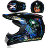 A black motorcycle off-road safety helmet with colorful graphics and a clear visor shown from the side.