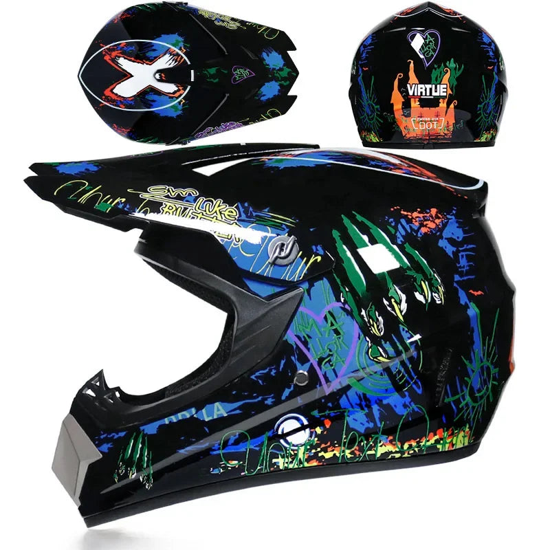 A black motorcycle off-road safety helmet with colorful graphics and a clear visor shown from the side.