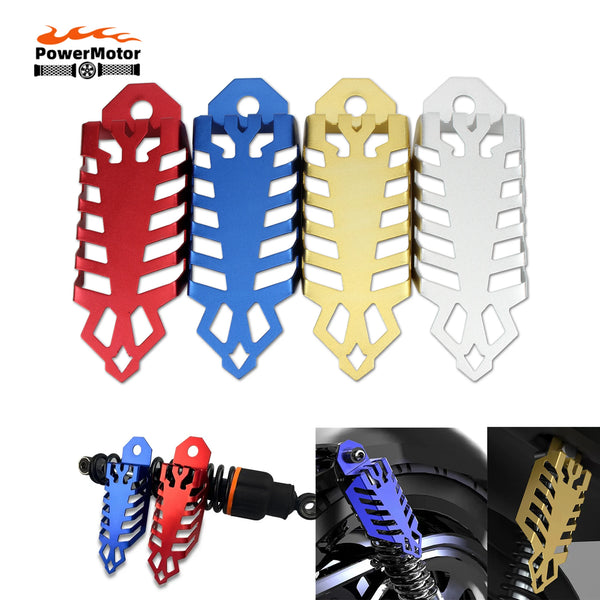 Set of universal motorcycle shock absorber front and rear fork covers in red, blue, yellow, and silver colors