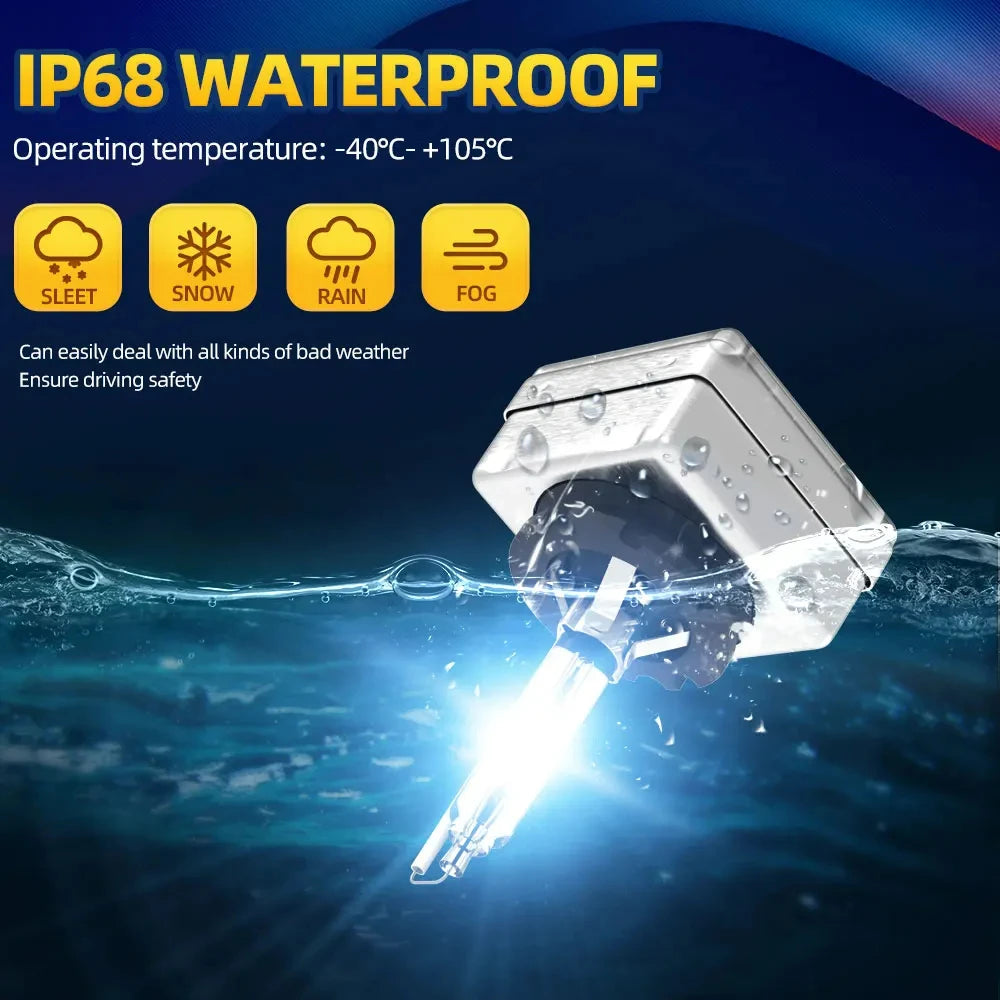A bright xenon car headlight bulb is shown submerged underwater, demonstrating IP68 waterproof performance.