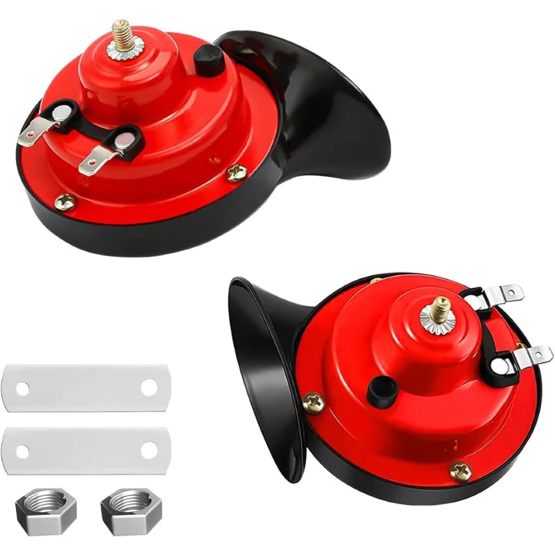 Red and black 12V waterproof snail horn for motorcycles and cars with mounting hardware.