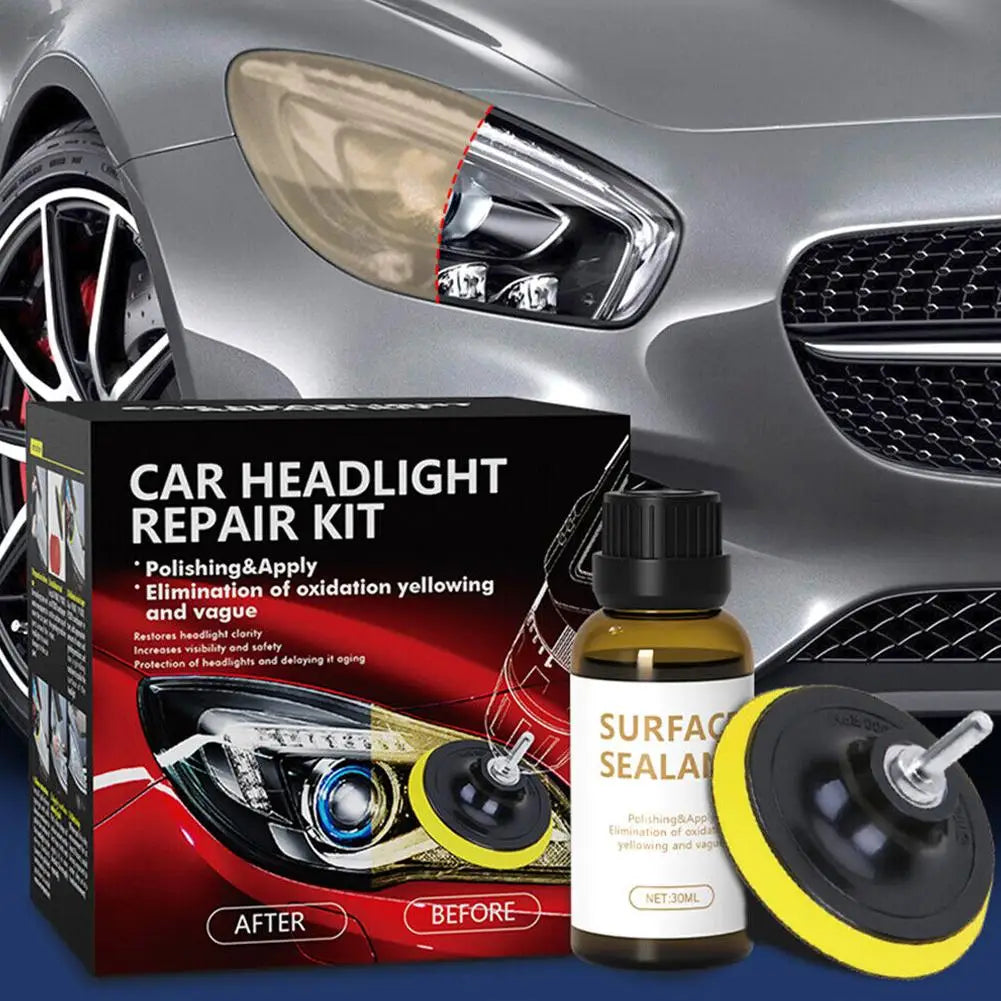 Boîte pour kit de réparation de phare de voiture montrant avant et après sur une lentille de phare.