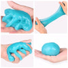 A bright turquoise magic gel cleaner is shown being applied to a hand and a surface.