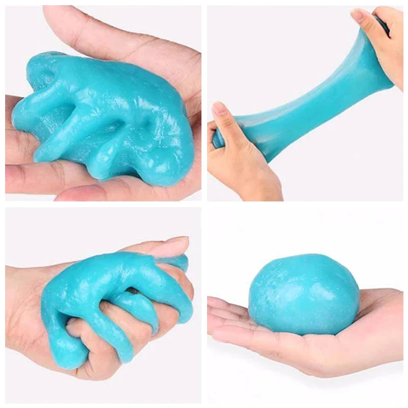 A bright turquoise magic gel cleaner is shown being applied to a hand and a surface.
