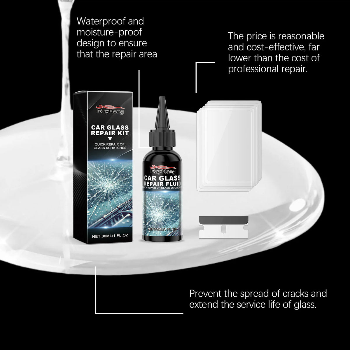 A kit for car glass repair showing a bottle of fluid and a white container on a plate.