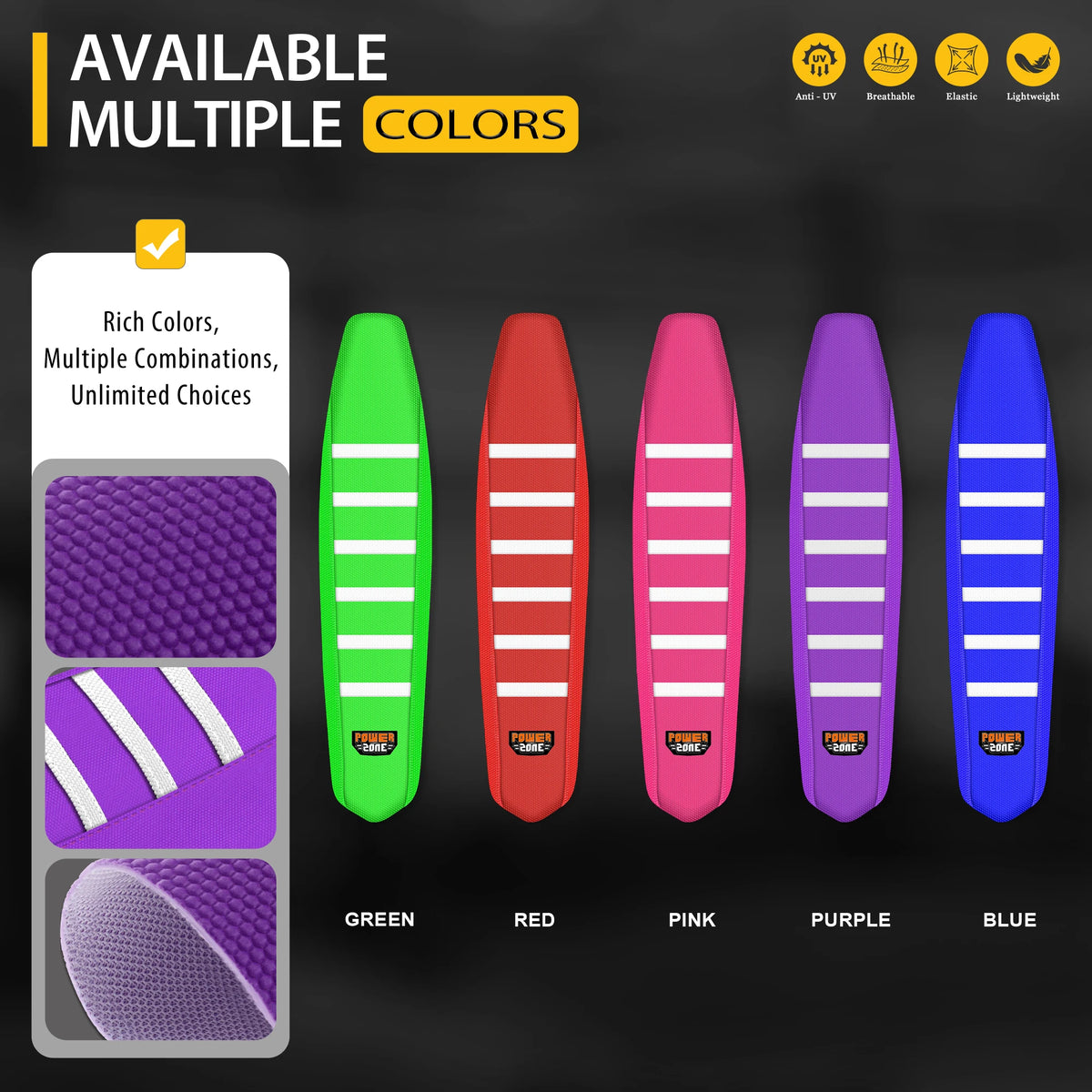 A variety of colorful motorcycle seat covers in green, red, pink, purple, and blue are displayed.