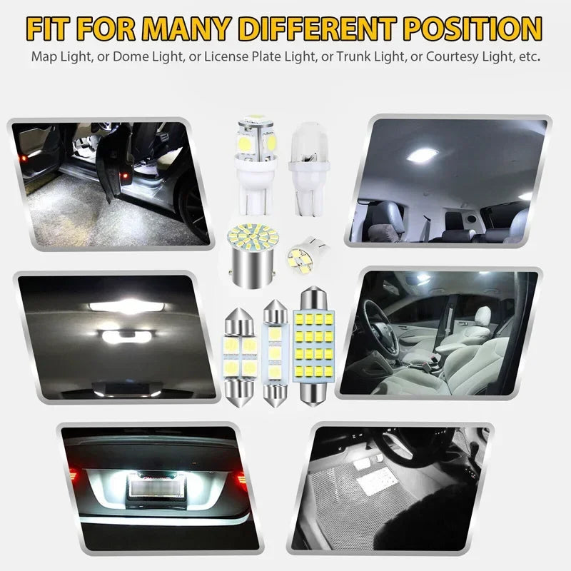 Various automotive interior LED lights including map, dome, license plate, trunk, and courtesy lights.