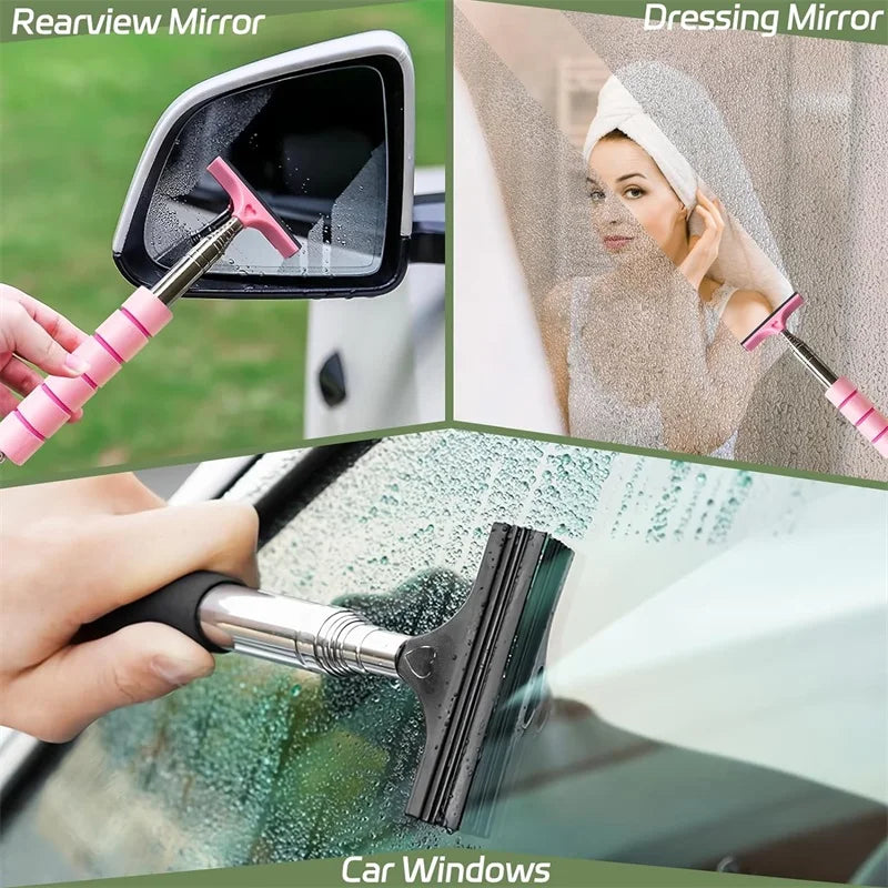 A set of tools for cleaning car windows and mirrors, including a squeegee and a dressing mirror.