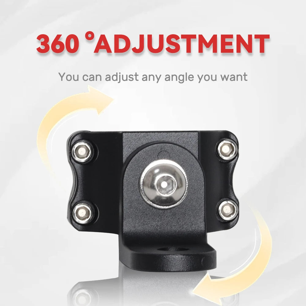 A black UTV LED whip light mount is shown with a 360 degree adjustment feature.