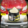 Before and after comparison of a headlight restoration product applied to a car's headlight.