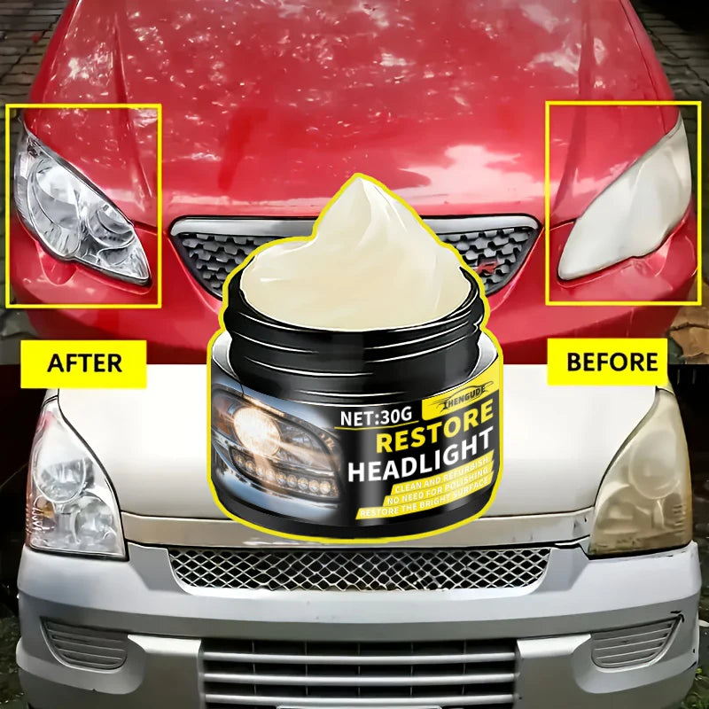 Before and after comparison of a headlight restoration product applied to a car's headlight.