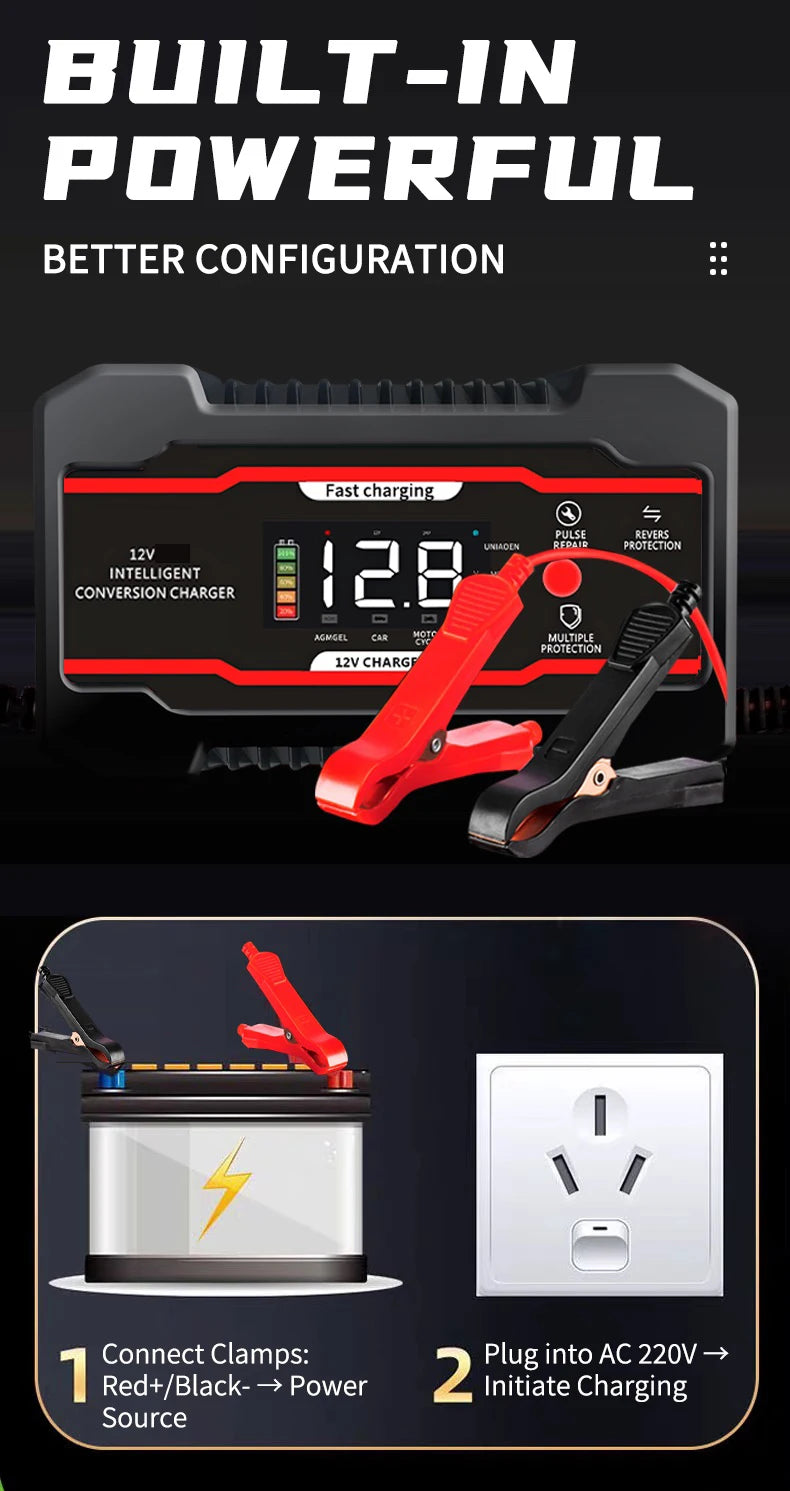 A red and black smart battery charger is shown with clamps connecting to a battery, ready for charging.