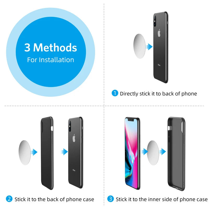 Diagram showing three methods for installing a magnetic car phone mount with an air vent clip on a smartphone.