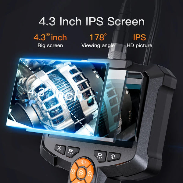 A close-up of an industrial HD inspection camera with a 4.3 inch IPS screen displaying a detailed view.