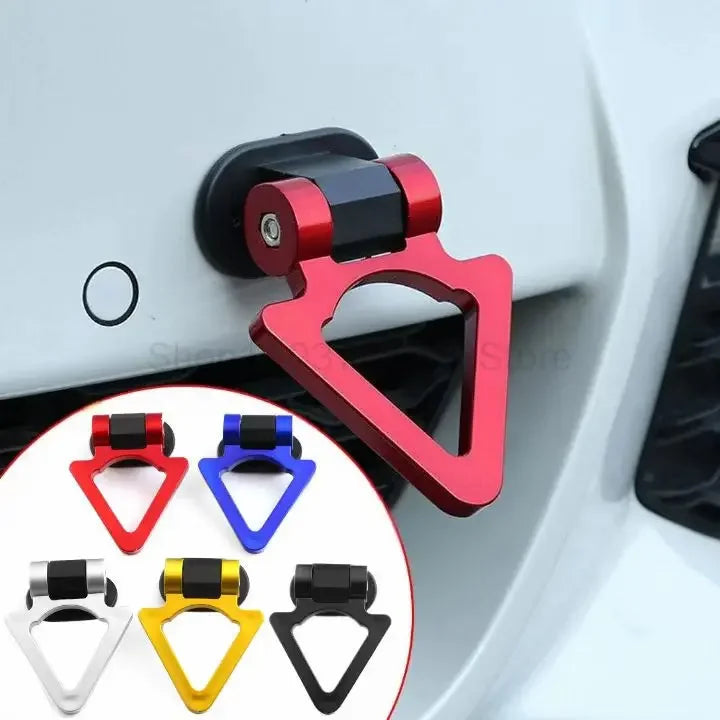 A collection of decorative racing tow hook stickers in various colors, including red, blue, yellow, and black, displayed agai