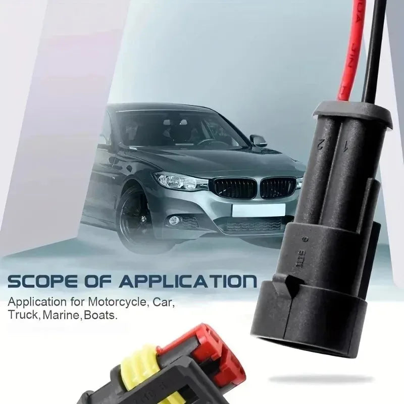 A close-up view of a black wire connector with red insulation, used for automotive and marine applications.