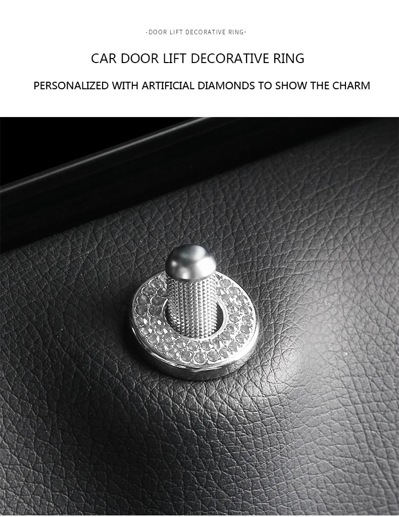 Close-up of a silver decorative ring used as a car door lift pin trim, personalized with artificial diamonds.