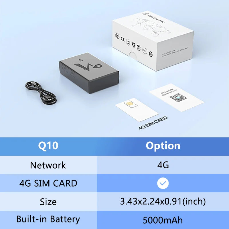 Boîte blanche, appareil noir et carte SIM affichés sur une surface bleue pour un traceur GPS 4G automobile.
