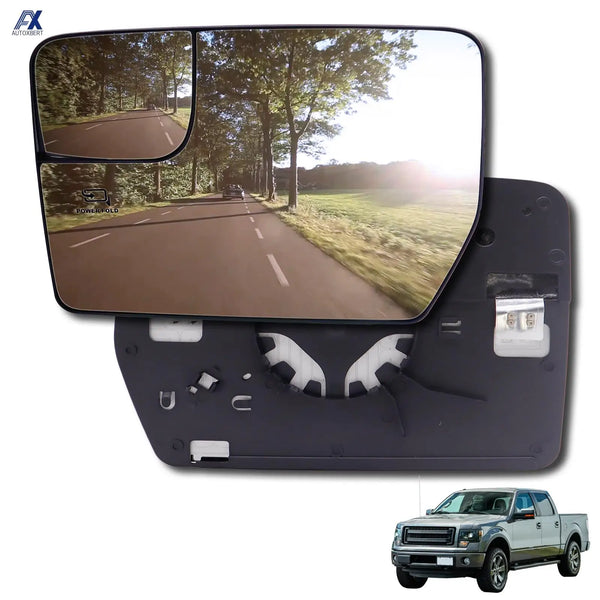 Heated convex side mirror glass for a Ford F-150 showing the mirror and mounting bracket.