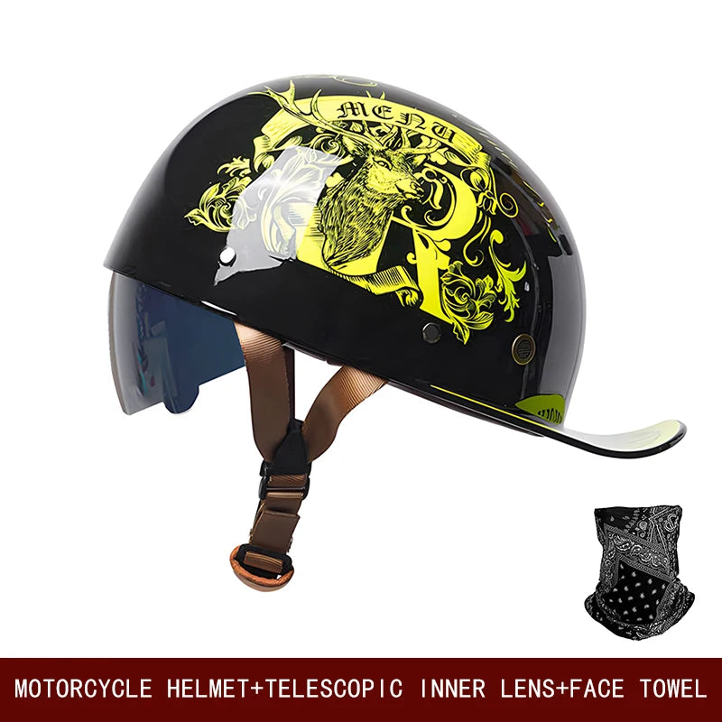 A black motorcycle helmet with a gold lion design and a separate face towel is shown.