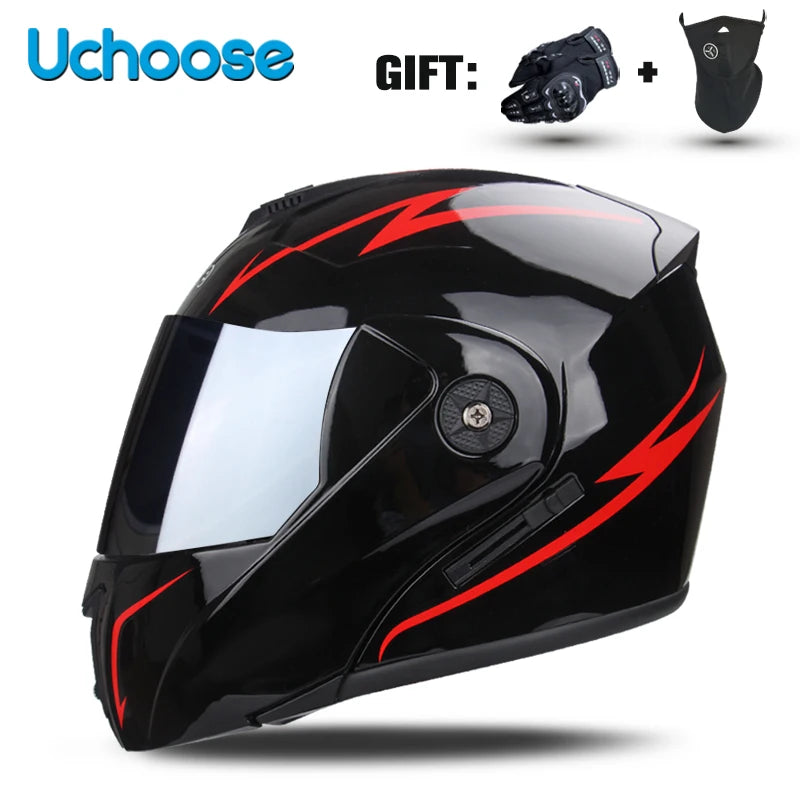 Black Uchoose DOT certified double lens flip-up motorcycle helmet with a red lightning bolt design and included gift items
