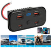Black universal DC car charger adapter with multiple output ports and various vehicle icons.