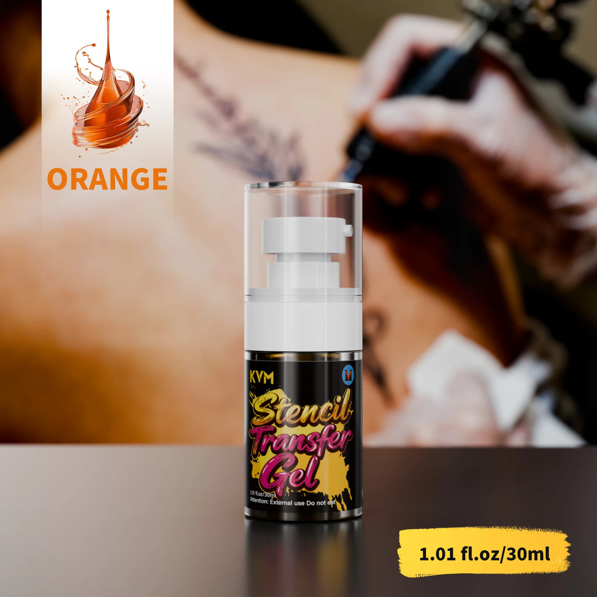 A bottle of Stencil Transfer Gel for tattoos is shown next to a person's arm during a tattoo session.