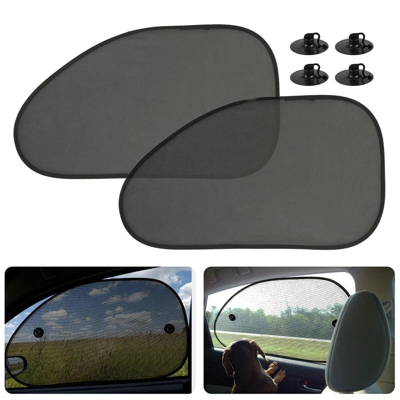 Pare-soleil universel pour pare-brise de voiture, montré sous différentes formes et installé sur un pare-brise.