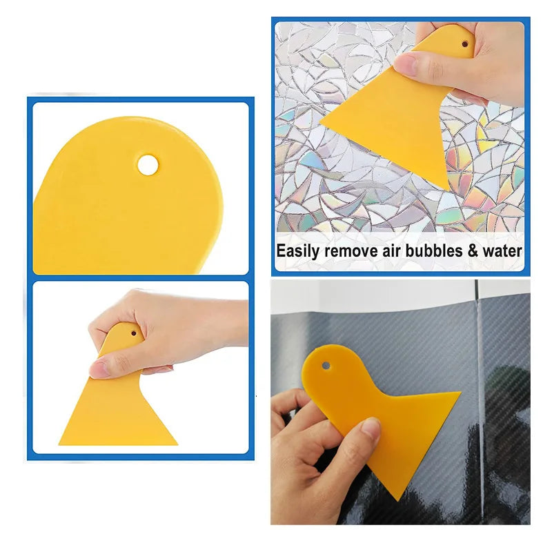 A yellow plastic tool used to remove air bubbles and water from car window film.