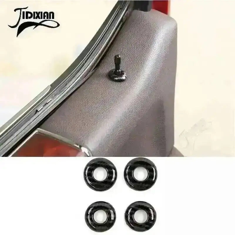 A close-up view of a carbon fiber grain interior trim kit for a Ford F-150 showing mounting hardware.
