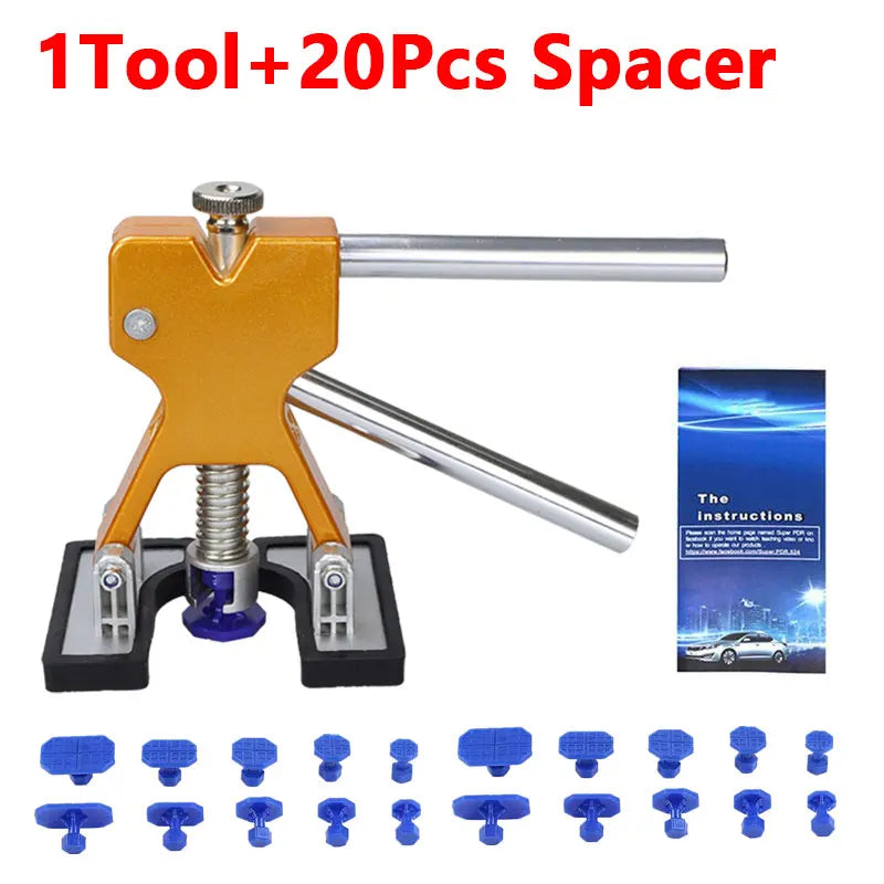 A tool kit for car dent repair including a puller and 20 plastic spacers.