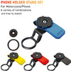 A set of black and blue phone holder stands for motorcycles, including various mounting combinations.